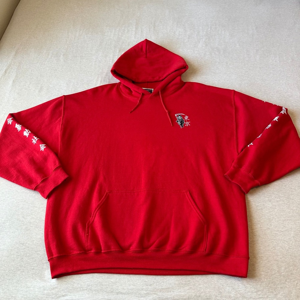 Riot Society Mens Red Grim Reaper Kanji Graphic Hoodie Streetwear XL